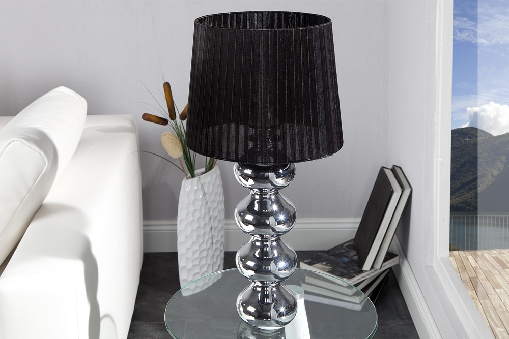 Elegante Design Tischlampe MIA 60cm silber Tischleuchte Stoffschirm
