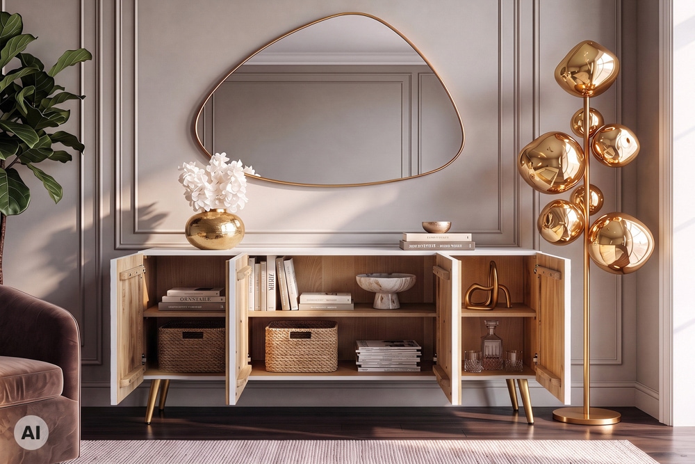 Massives Sideboard AURUM 180cm weiß Mangoholz mit ikonischem Gold-Element