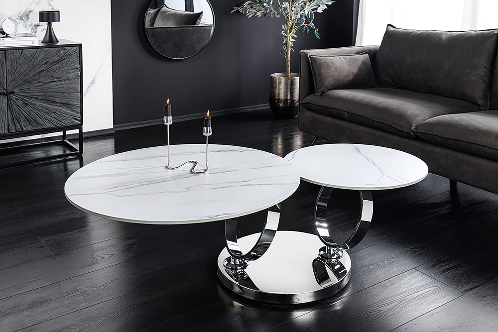 Design Couchtisch DANCING RINGS weiß rund drehbar Marmor Keramik Chrome Gestell