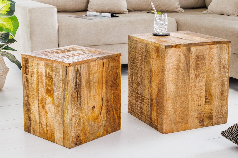 Massives 2er Set Beistelltisch CURACAO 45cm natur Mangoholz Würfel handmade Couchtisch
