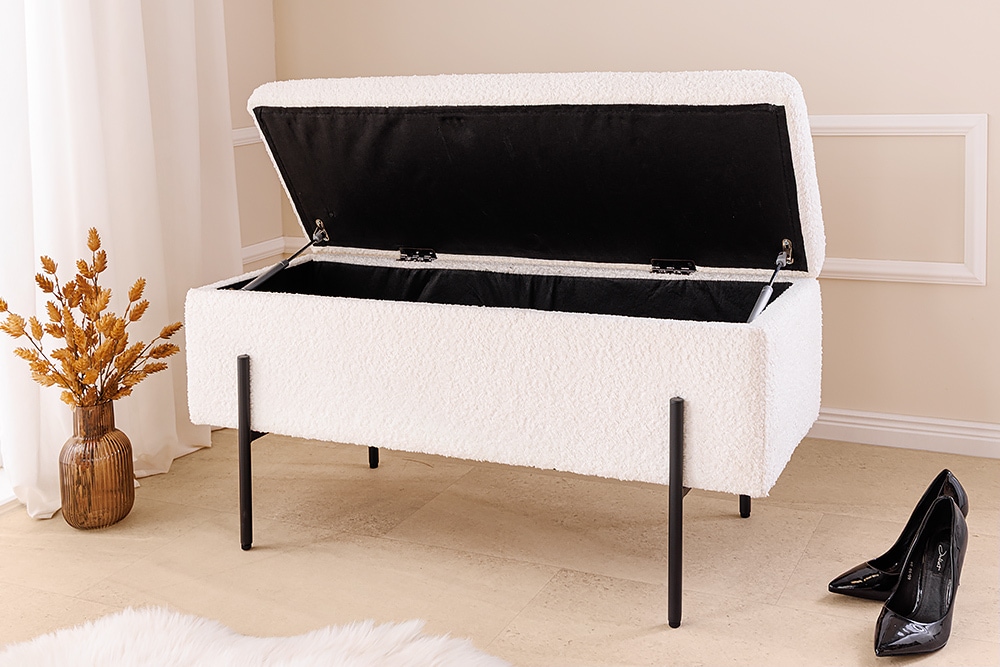 Moderne Truhenbank LOFT 100cm weiß Bouclé Sitzbank mit Stauraum gepolstert schwarz Metall