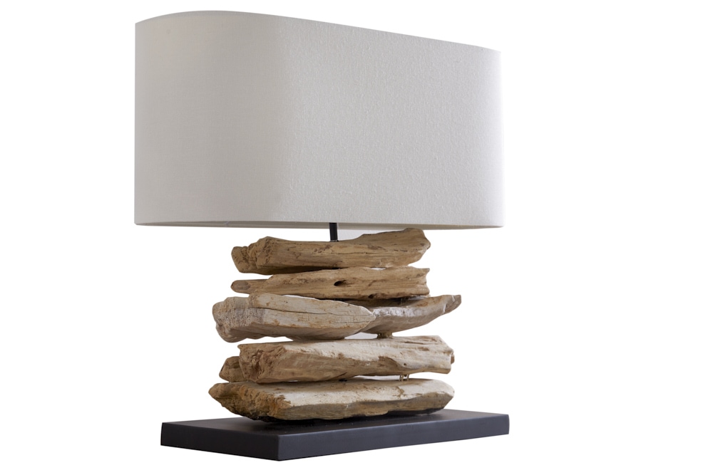 Handgearbeitete Treibholz Lampe RIVERINE 55cm creme Leinenschirm Tischleuchte