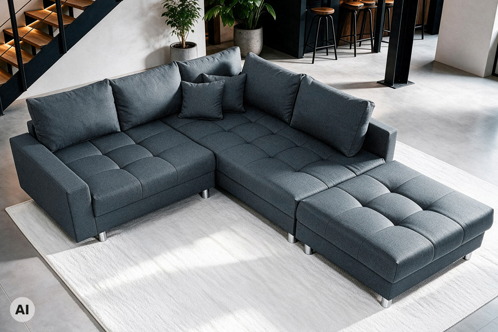 Moderne Wohnlandschaft KENT 220cm anthrazit Ecksofa Federkern inkl. Hocker und Kissen