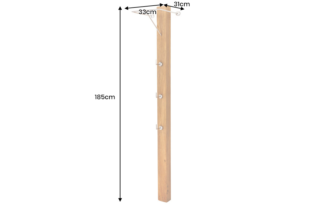 Massive Wandgarderobe JAVA 185cm recyceltes Teakholz mit drei Kleiderhaken