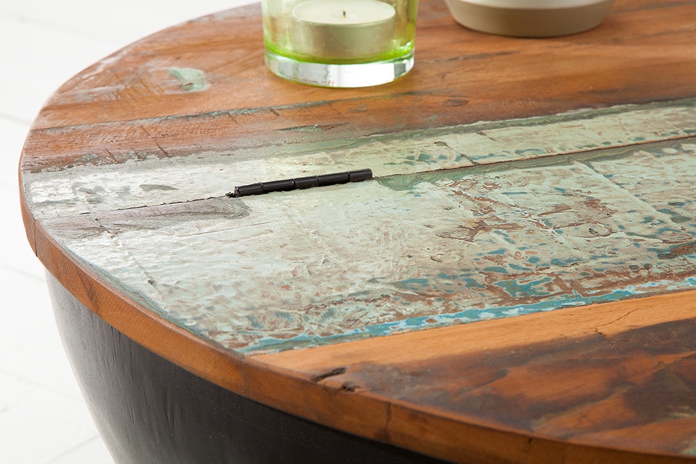 Massivholz Couchtisch JAKARTA 70cm grau rund aus recycelten Fischerbooten