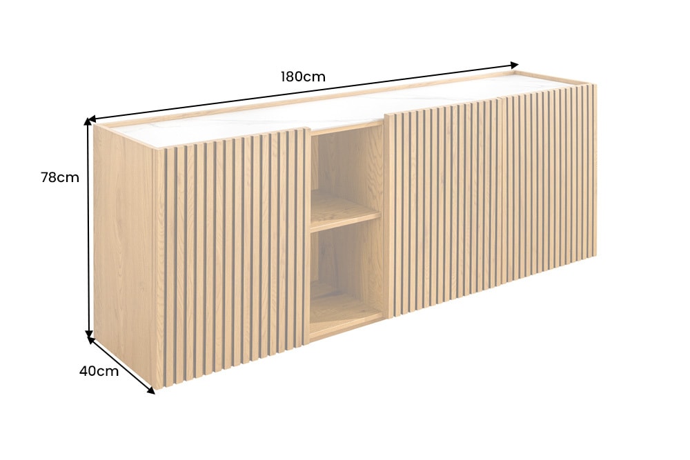 Design Sideboard VICENZA 180cm weiß Keramik natur Eiche Lamellenfront