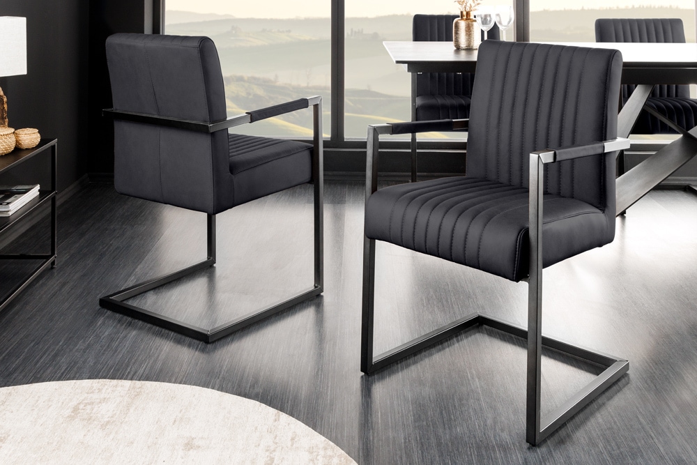 Moderner Freischwinger Stuhl BIG ASTON Echtleder schwarz Taschenfederkern Metall Moderner Freischwinger Stuhl BIG ASTON Echtleder schwarz Taschenfederkern Metall