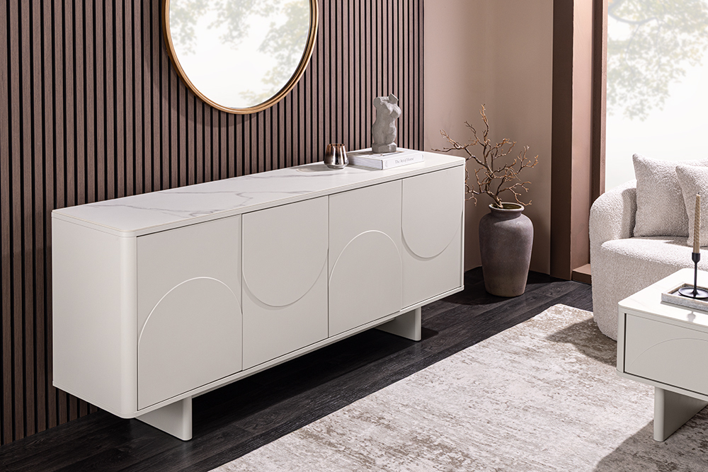 Design Sideboard SAVOY 180cm kaschmir weiß Marmor Keramik mit Stauraum und 3D-Front