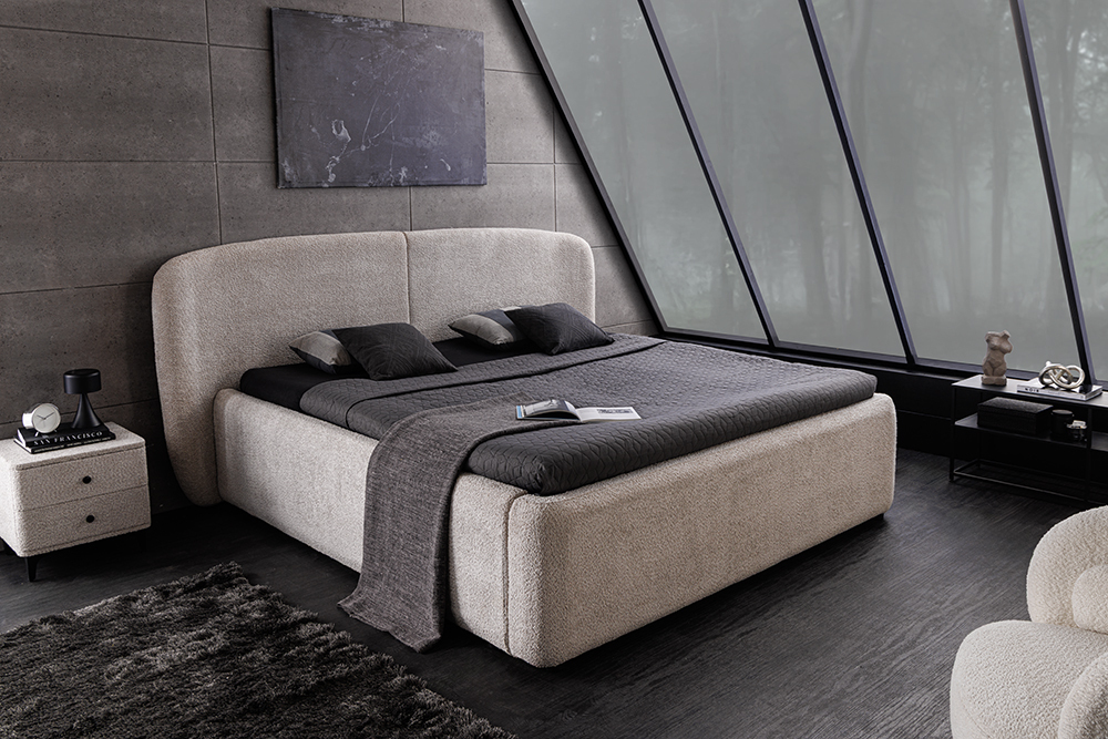 Modernes Boxbett ART DECO 180x200cm greige Bouclé mit Stauraum und Lattenrost