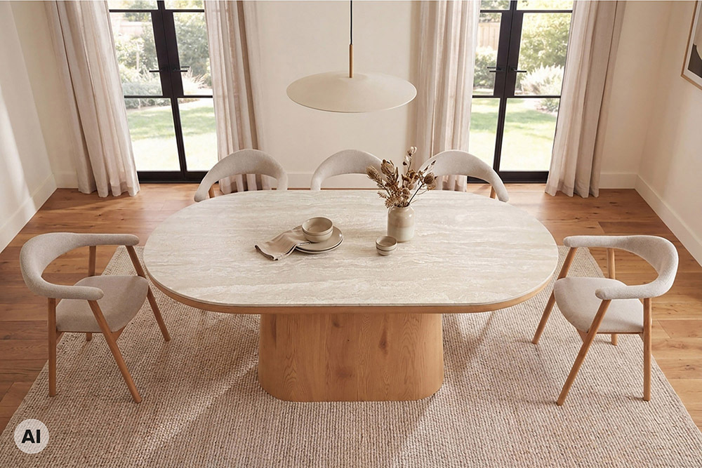 Ovaler Esstisch UNIQUE 200cm beige natur Travertin Eiche mit Säulenfuß