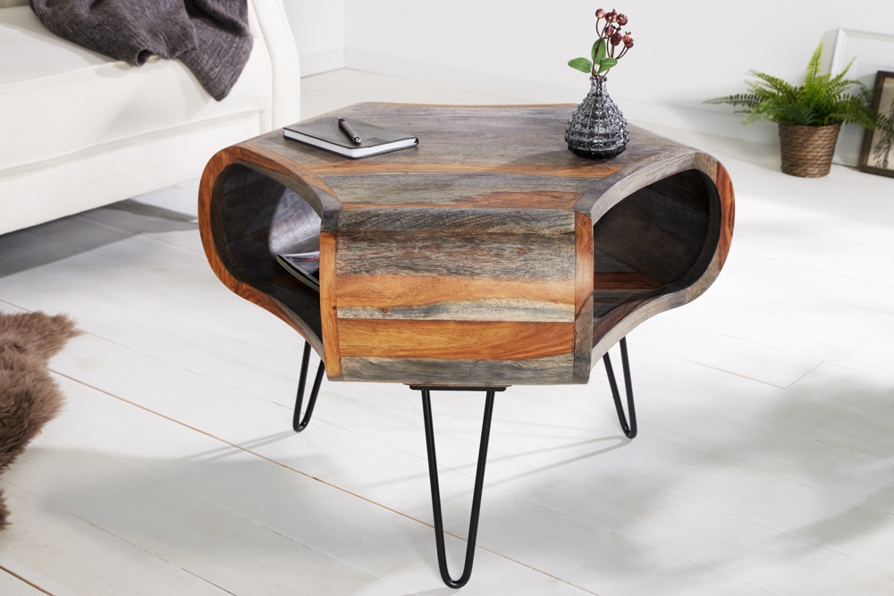 Retro Couchtisch ORGANIC LIVING 70cm grau Sheesham Massivholz mit Stauraum Hairpin Legs