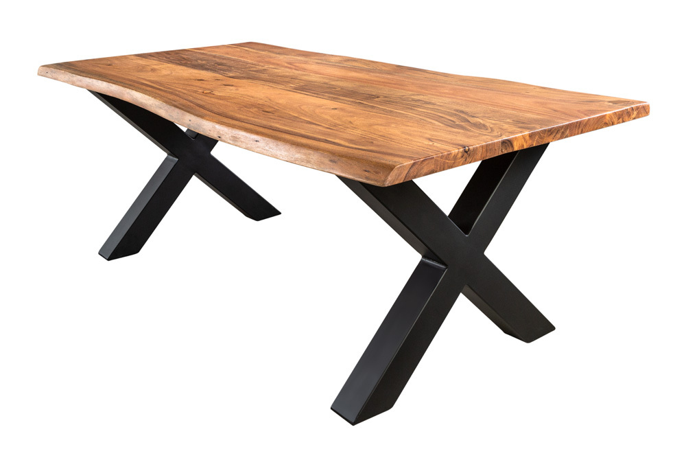 Massivholz Couchtisch MAMMUT 120cm Akazie Honey Finish X-Gestell schwarz 2,5cm Tischplatte