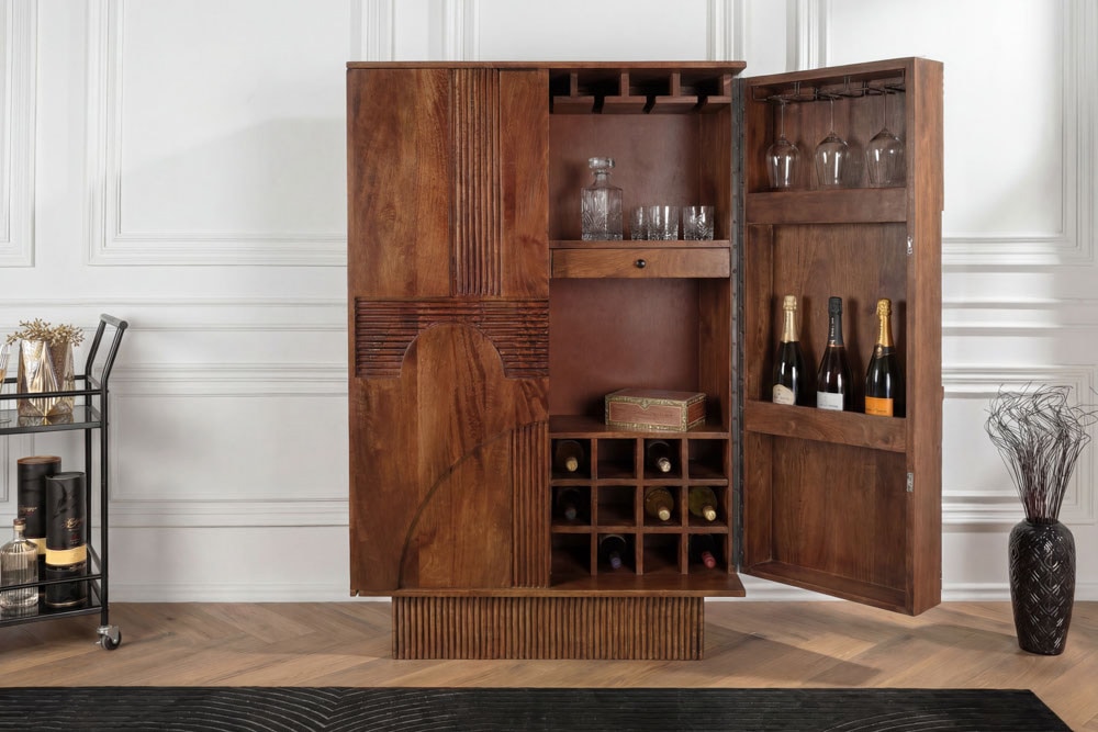 Massiver Barschrank ART DECO 140cm braun Mangoholz 3D-Front Highboard Flaschenregal