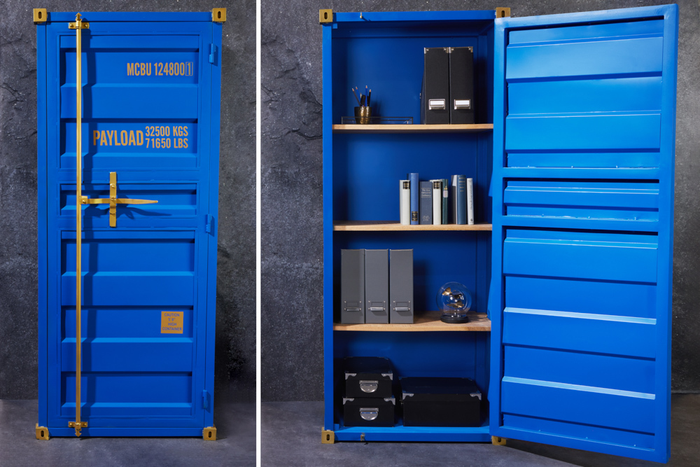 Design Aktenschrank GLOBETROTTER 180cm blau Eisen Container Upcycling Industrial