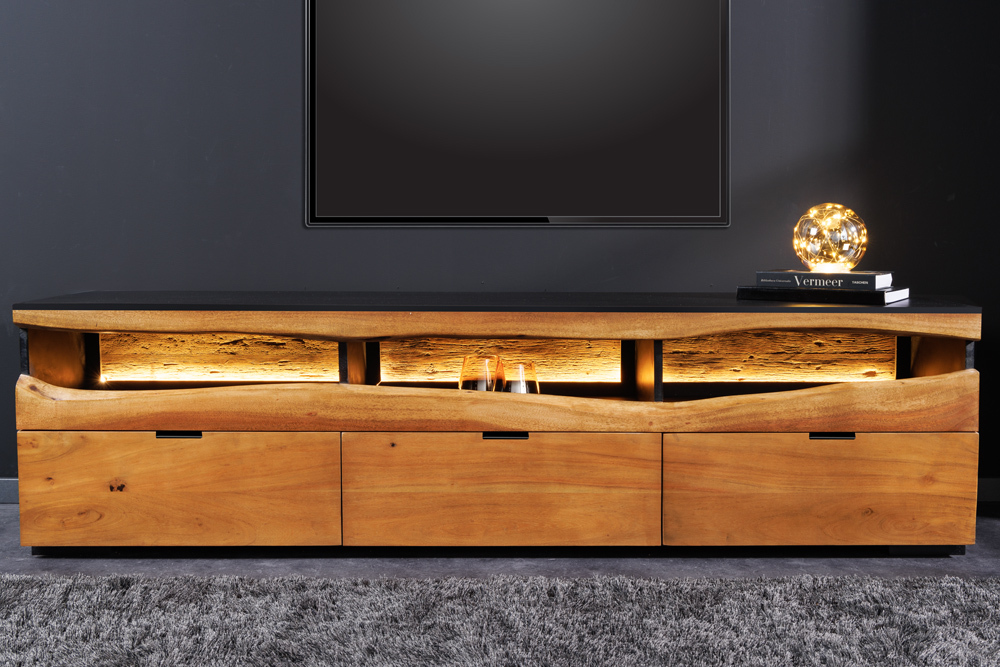 Massivholz TV-Lowboard GRAND ACACIA 180cm braun Akazie mit LED-Beleuchtung Baumkante