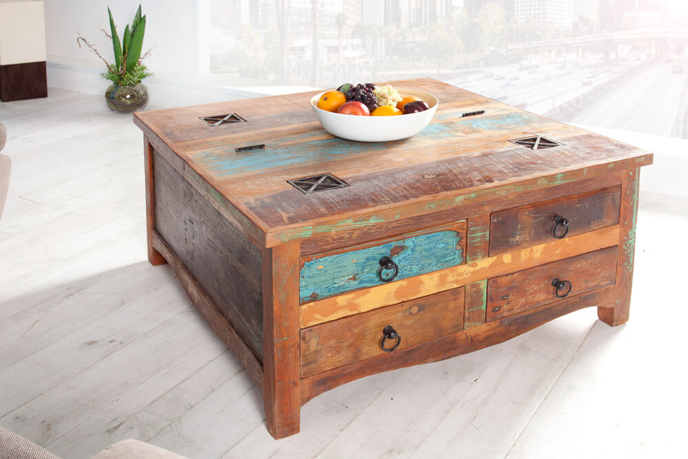Massiver Couchtisch JAKARTA 70cm bunt Truhe aus recycelten Fischerbooten Holz mit Schubladen