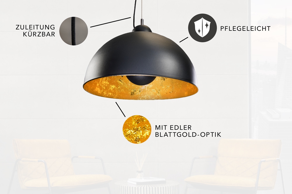 Industrial Design Hängelampe STUDIO 55cm schwarz Blattgold-Optik Hängeleuchte