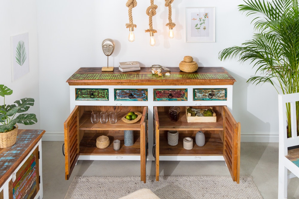 Einzigartiges Sideboard JAKARTA 160cm weiß bunt recyceltes Massivholz aus Fischerbooten