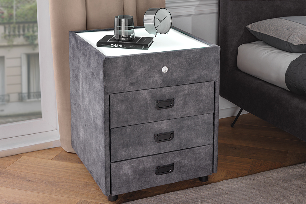 Quadratischer Nachttisch PARIS 55cm grau Samt inkl. Beleuchtung und Schubladen