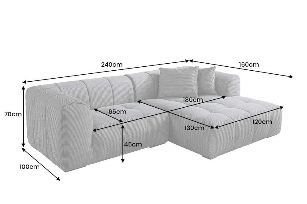Modernes Ecksofa ZERO GRAVITY 240cm dunkelgrau Cord 3-Sitzer Couch L-Form