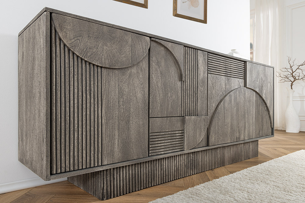 Design Sideboard ART DECO 170cm grau smoked Mangoholz massiv 3D-Front