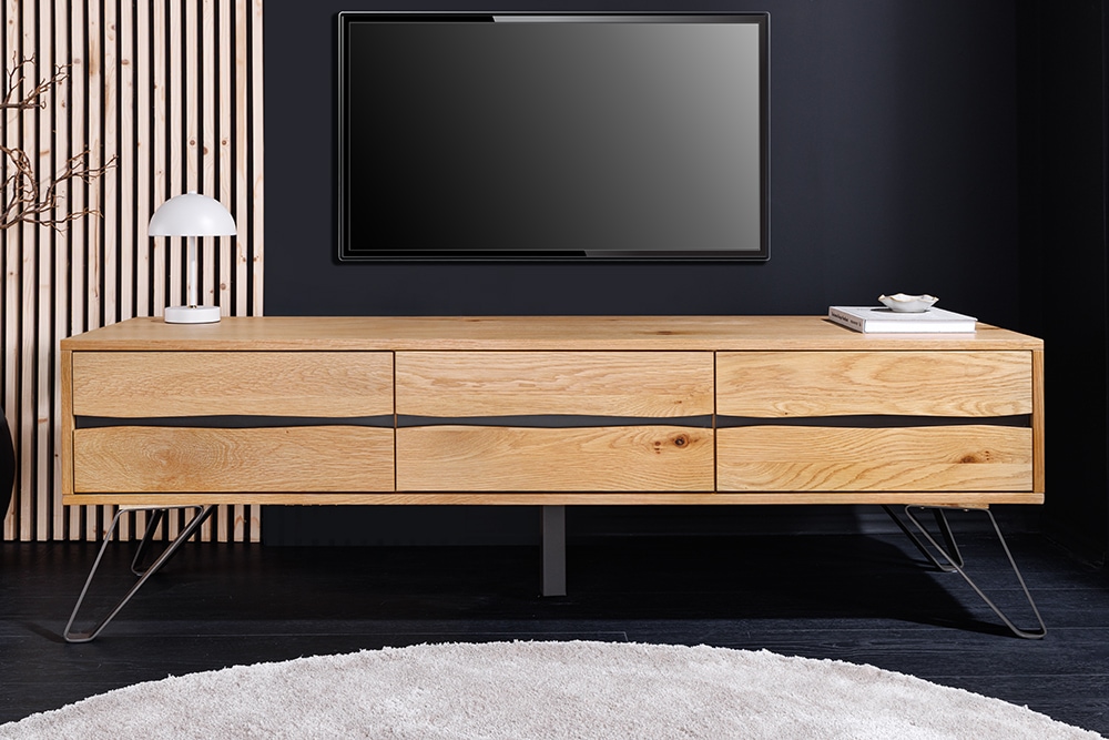 Massives TV-Lowboard LIVING EDGE 160cm natur Eichenholz Baumkante mit Hairpin Legs