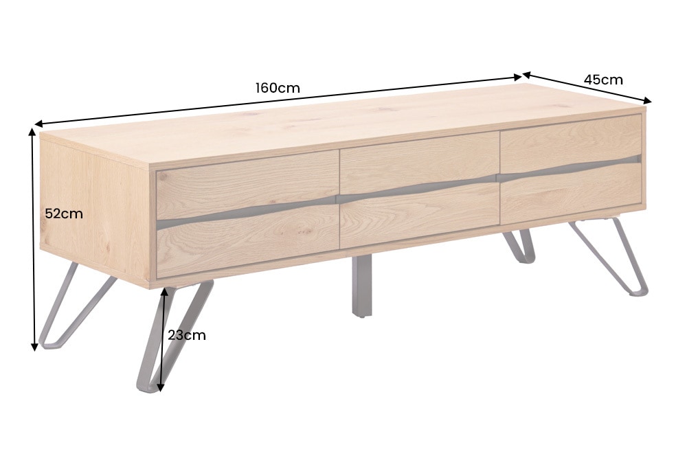 Massives TV-Lowboard LIVING EDGE 160cm natur Eichenholz Baumkante mit Hairpin Legs
