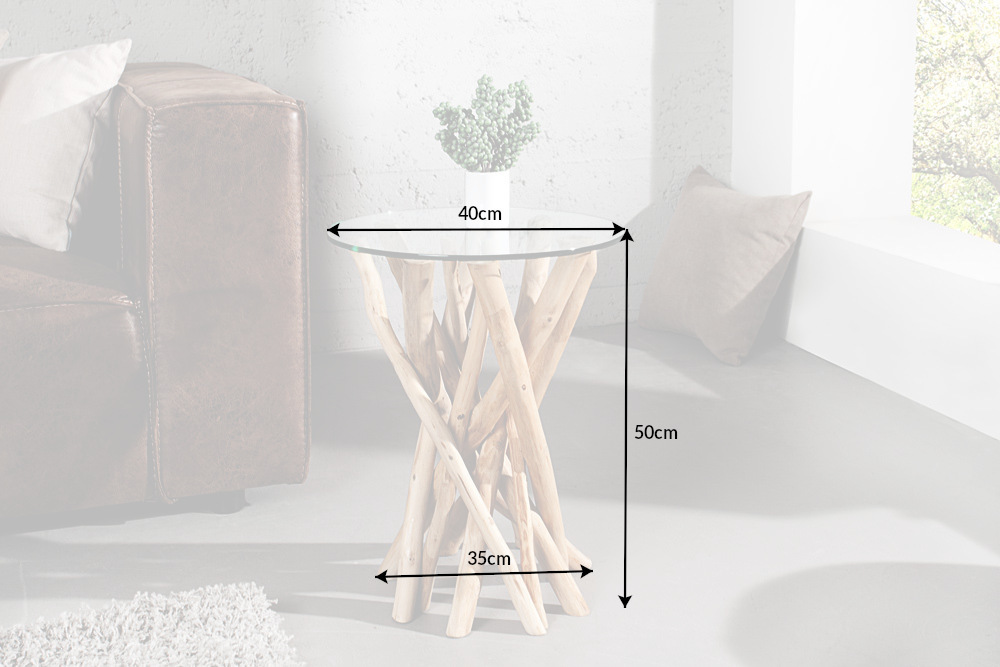 Design Beistelltisch DRIFTWOOD 40cm Teakholz mit Glasplatte rund Couchtisch