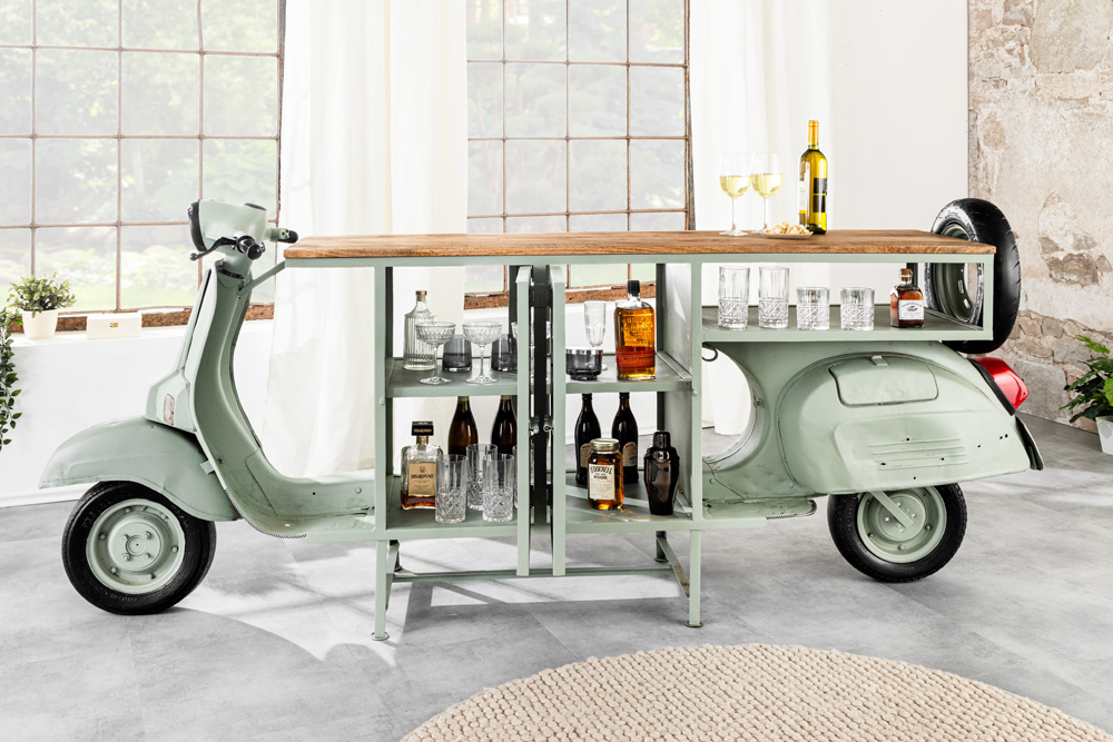Extravaganter Barschrank SCOOTER 250cm salbei Retro-Konsole Motorroller mit Mangoholz Upcycling