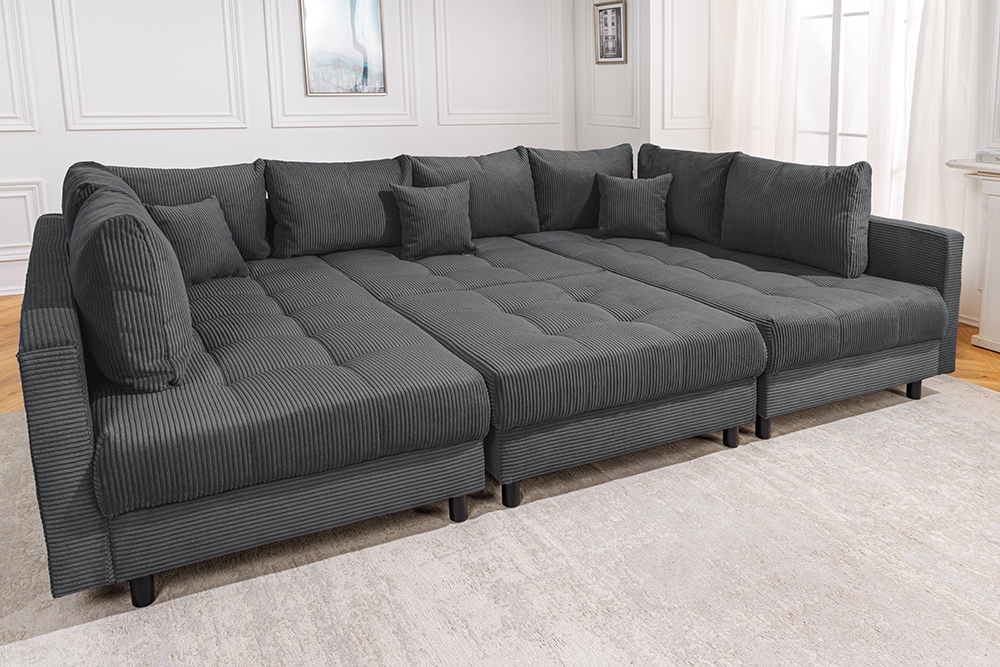 Moderne XXL Wohnlandschaft KENT 305cm anthrazit Cord Bigsofa inkl. Hocker Federkern