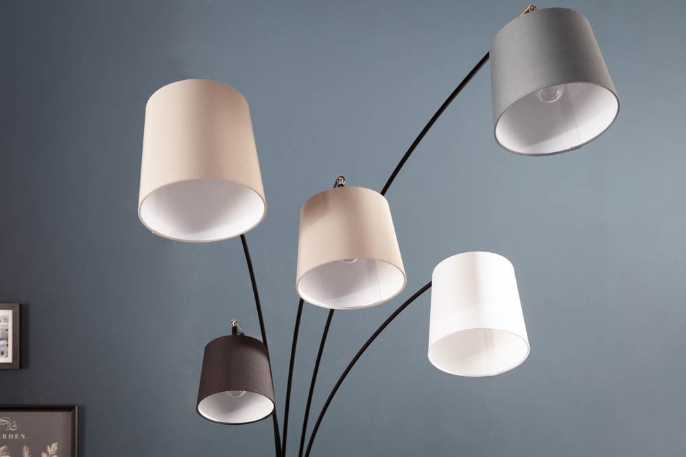 Design Bogenlampe LEVELS 205cm schwarz grau 5 Leinenschirme Stehlampe