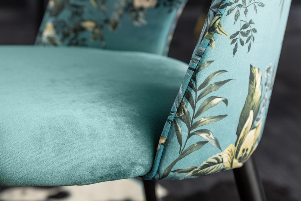 Design Stuhl PRÊT-À-PORTER türkis Samt florales Muster und goldene Fußkappen