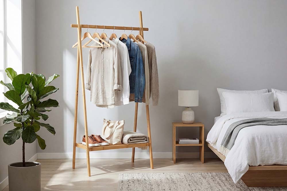 Massivholz Garderobe ZEN-BO 160cm natur Bambus Kleiderstange mit Ablage