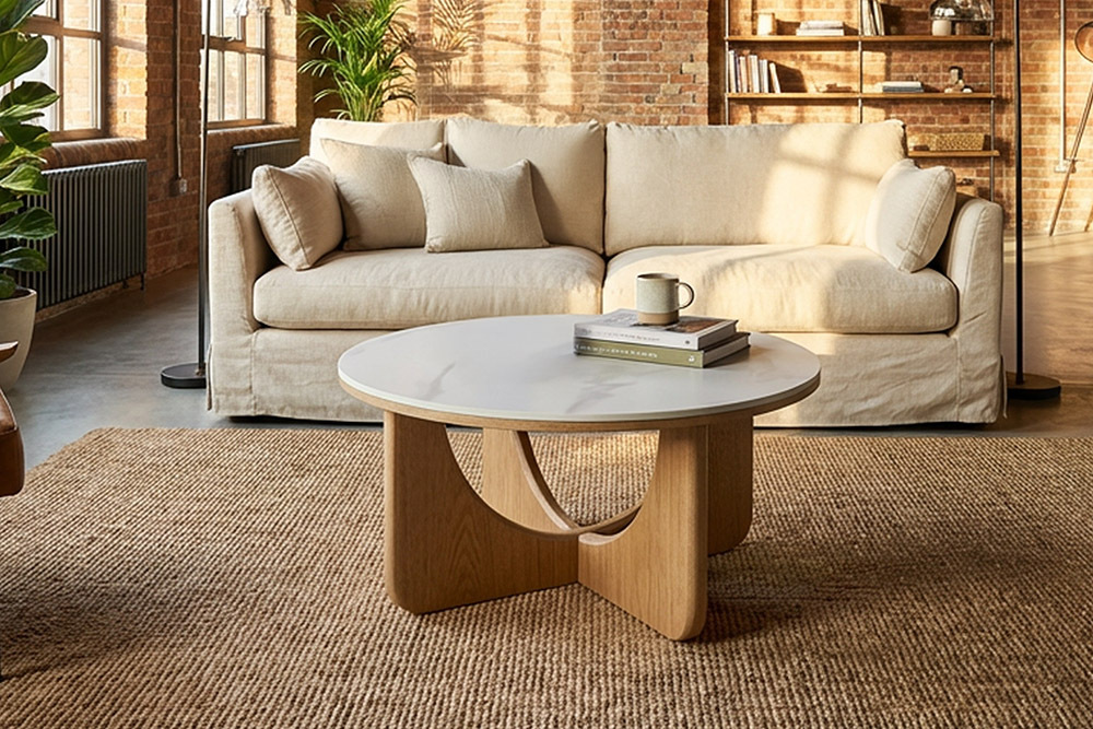 Runder Couchtisch ENSO 80cm weiß Marmor Keramik Eichenholz
