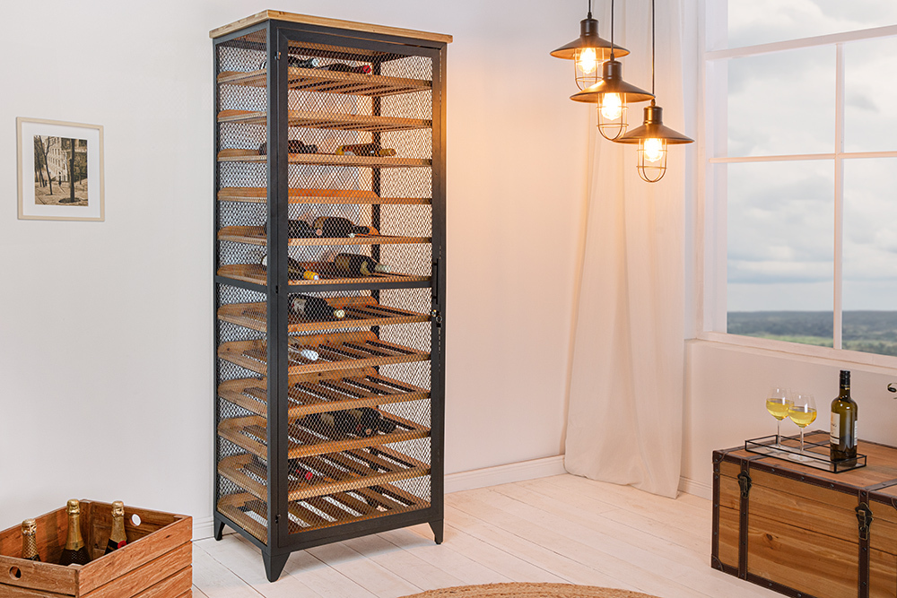 Design Weinschrank BODEGA 185cm natur schwarz Tannenholz Metall Flaschenregal Design Weinschrank BODEGA 185cm natur schwarz Tannenholz Metall Flaschenregal