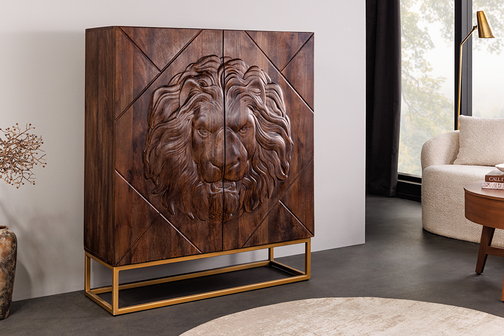 Massives Highboard LION 120cm braun Mangoholz gold Metall 3D Schnitzereien Kunstwerk