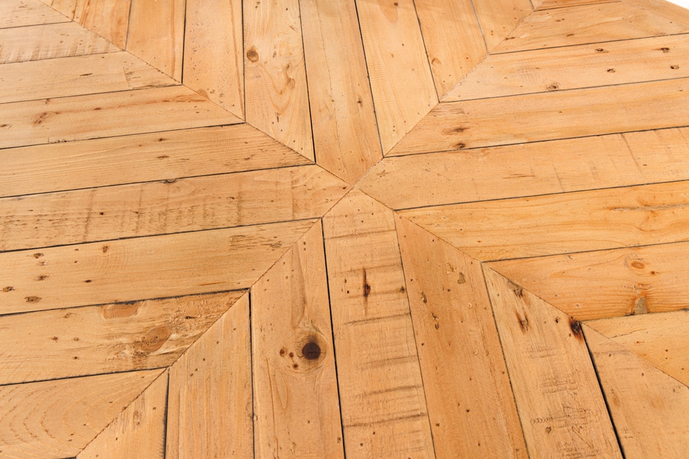 Massivholz Esstisch MOSAIK 200cm natur Pinienholz recycelt Sterngestell