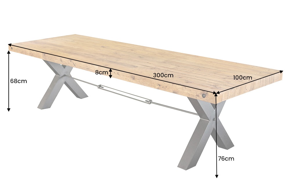Massivholz Esstisch THOR 300cm vintage braun Pinie recycelt Industrial Design Eisen X-Gestell