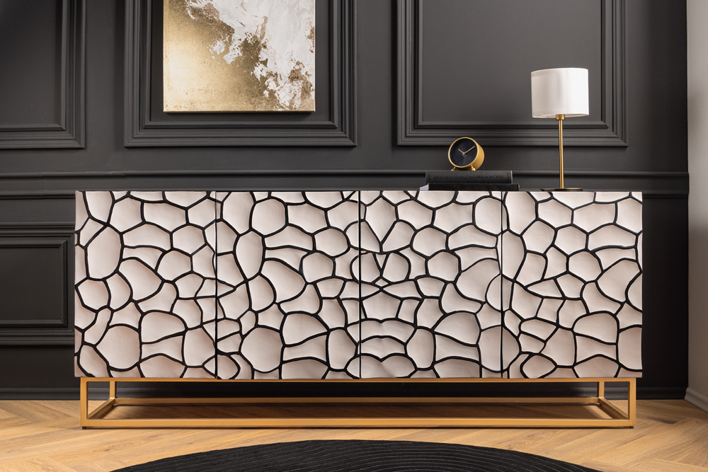 Massivholz Sideboard VULCANO 180cm weiß schwarz Mangoholz mit 3D Schnitzereien handmade Metallgestell gold