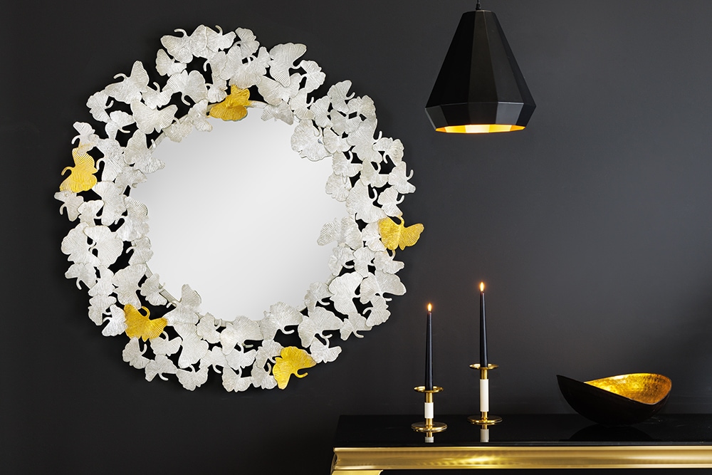 Dekorativer Wandspiegel GINKGO LEAFS XL 90cm gold silber rund aus Metall handmade