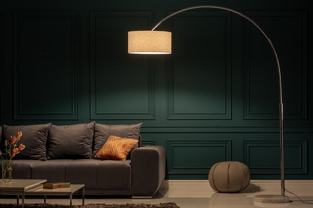 Ausziehbare Bogenlampe LOUNGE DEAL 170-200cm weiß Leinenschirm Stehlampe