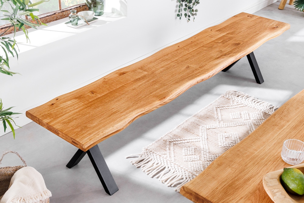 Massivholz Sitzbank WILD OAK 160cm Eiche Baumkante X-Gestell Industrial
