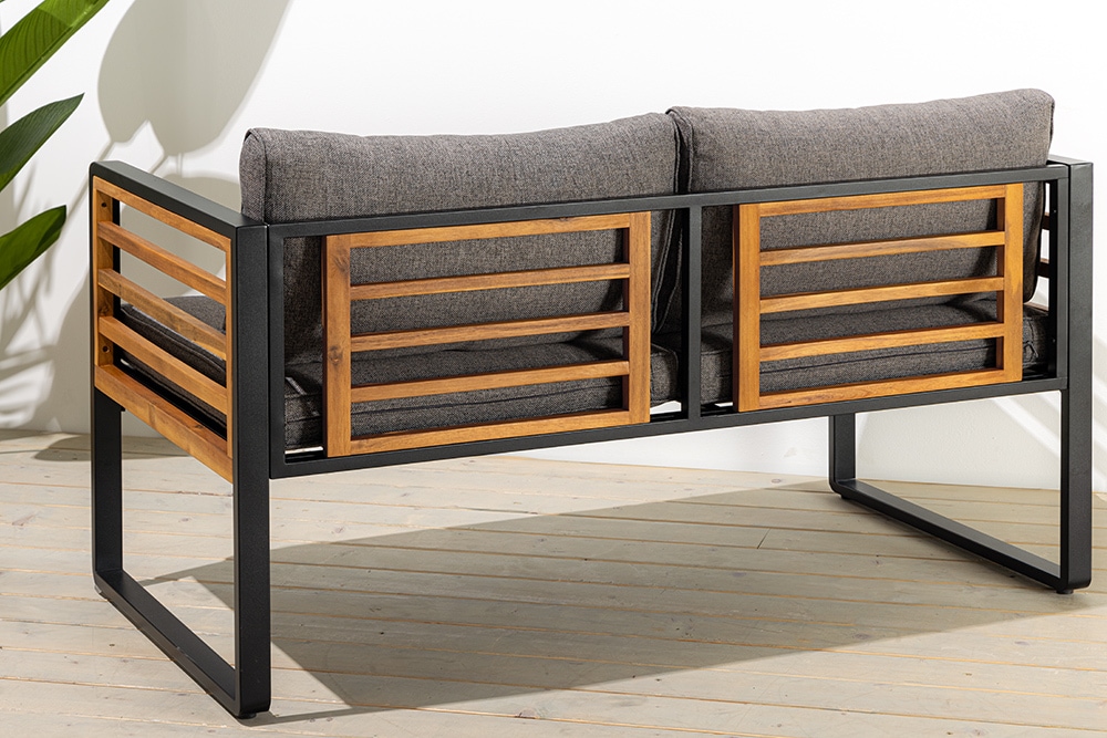Outdoor Garten-Sitzgruppe PURE grau natur Akazie schwarz Metall inkl. Tisch Sitzpolster