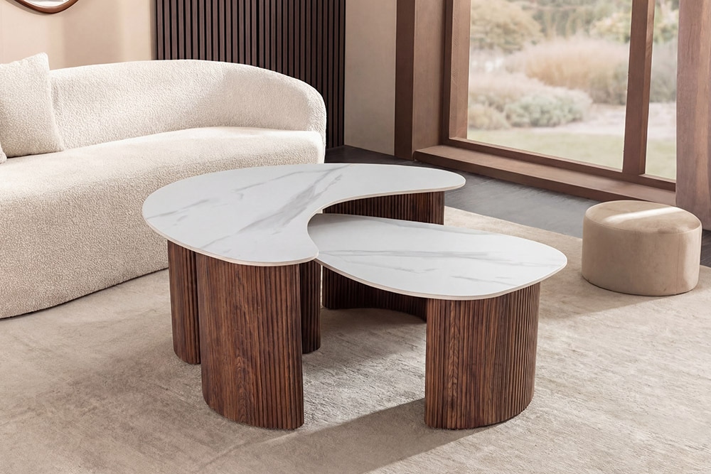 2er Set Couchtische OSAKA 120cm weiß Marmor Keramik Walnuss