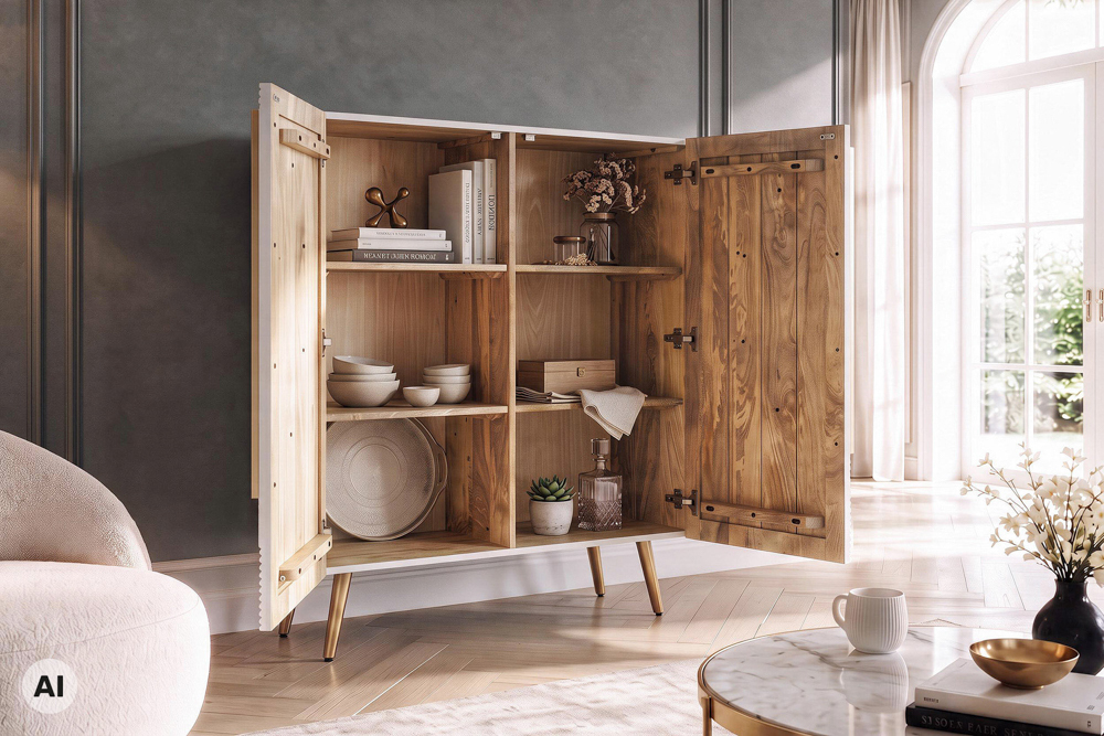 Massives Highboard AURUM 120cm weiß mit ikonischem Gold-Element