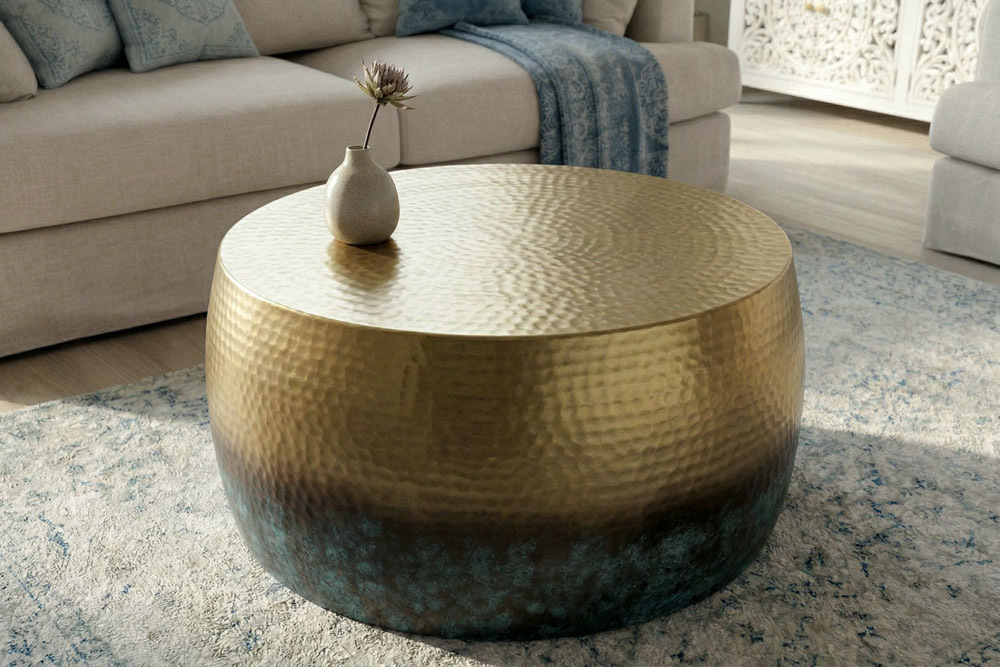 Runder Couchtisch ORIENT III 60cm gold Metall mit Patina Hammerschlag Design handmade