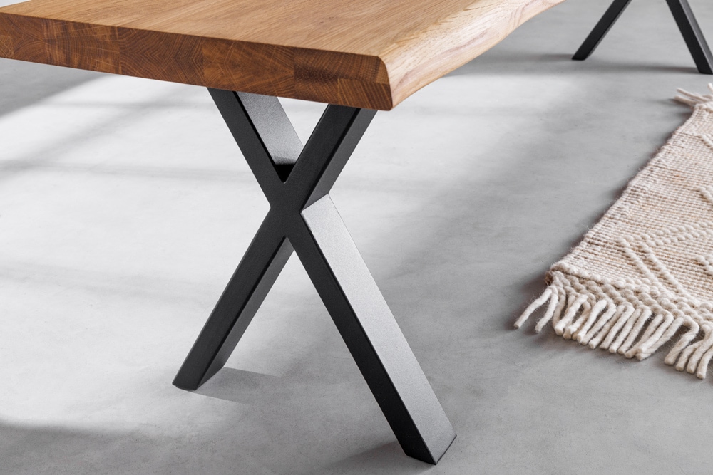 Massivholz Sitzbank WILD OAK 160cm Eiche Baumkante X-Gestell Industrial