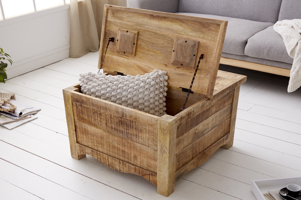 Massiver Couchtisch IRON CRAFT 70cm natur Holz Truhe mit Schubladen und Stauraum