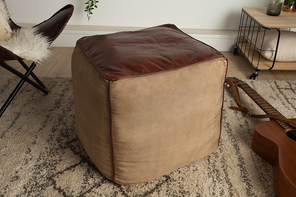 Retro Sitzpouf MUSTANG 45cm Lederbezug mit Leinen Sitzwürfel