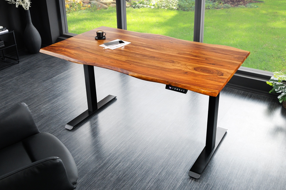 Höhenverstellbarer Schreibtisch MAMMUT 140cm braun Sheesham Massivholz stone finish